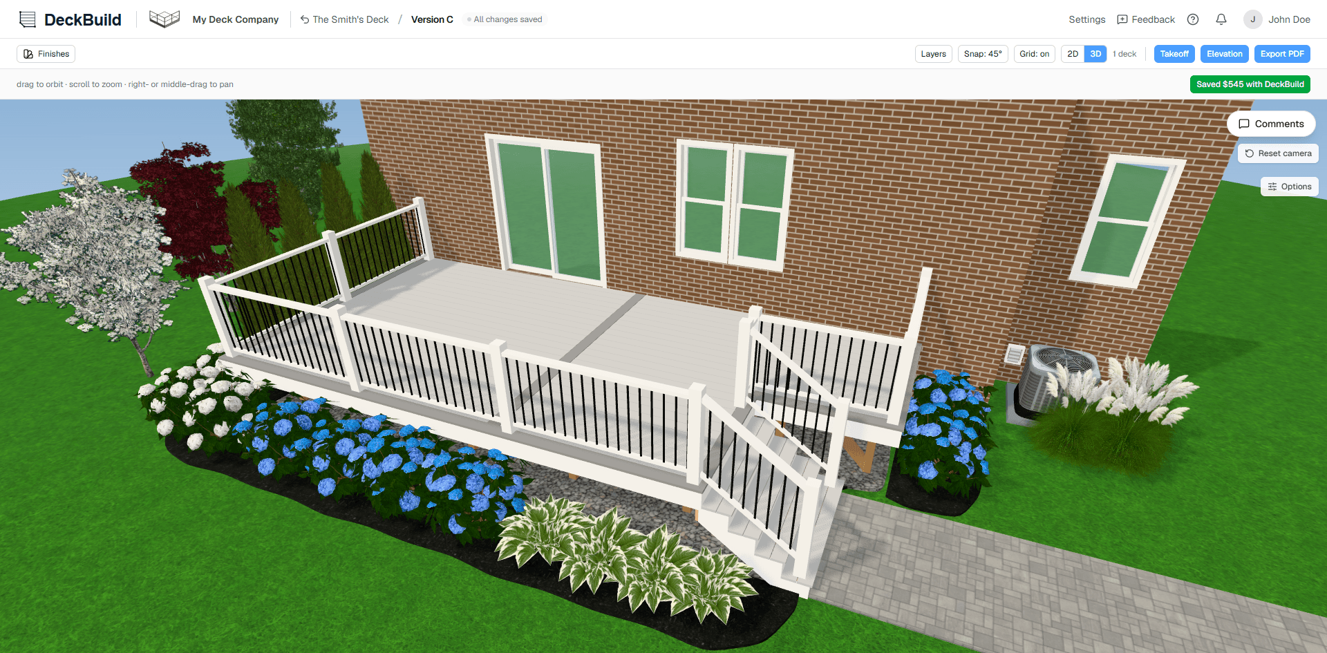 Photorealistic 3D model of a deck with decking, railings, and stairs
