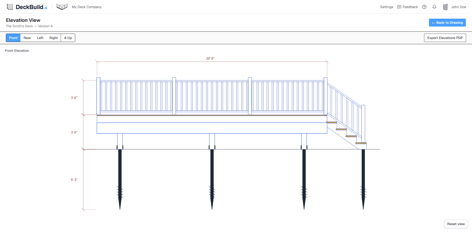 Permit-ready PDF deck blueprint showing plan, elevation, and framing views