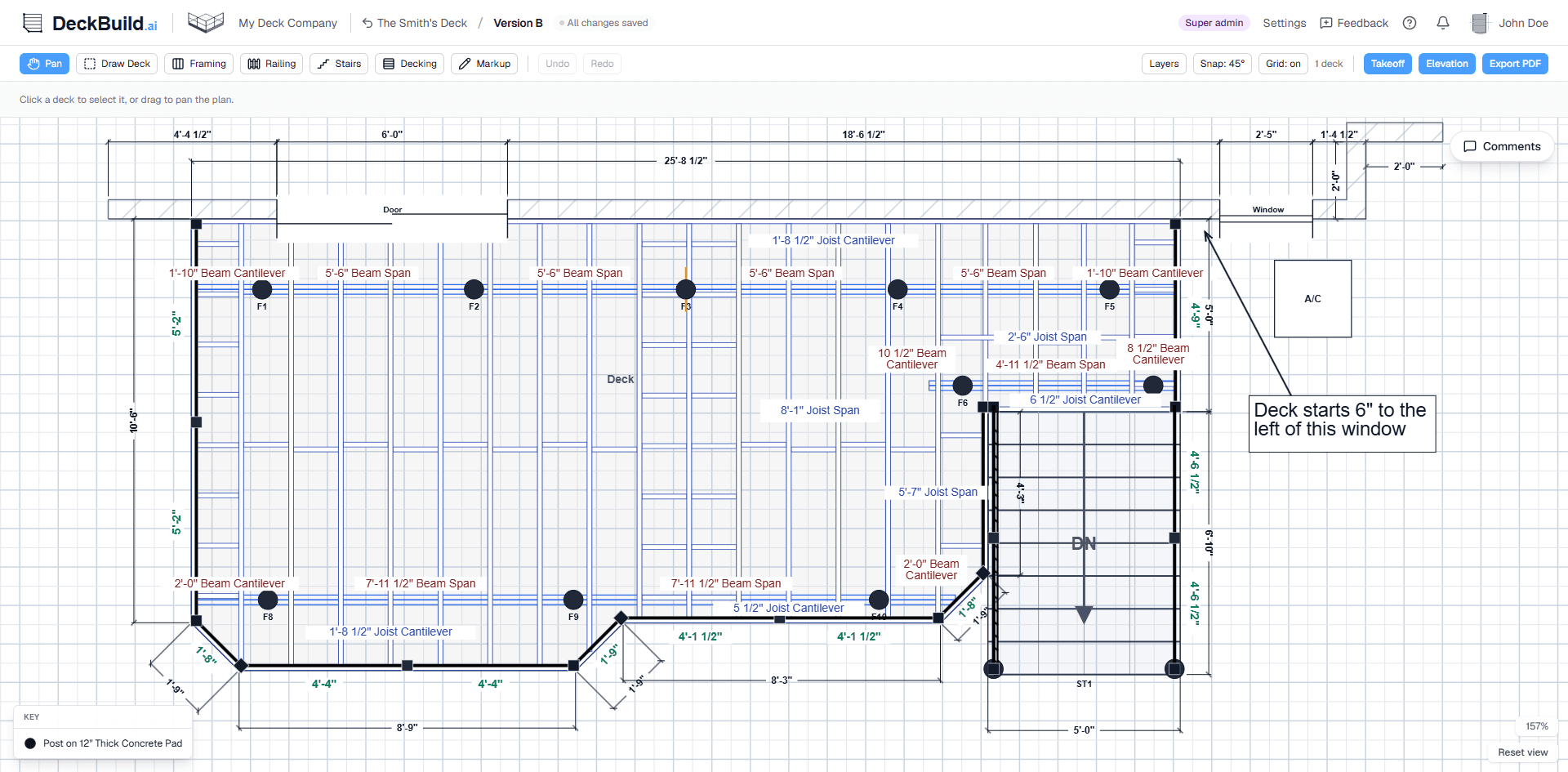 Structural framing auto-generated for a chamfered, multi-level deck shape