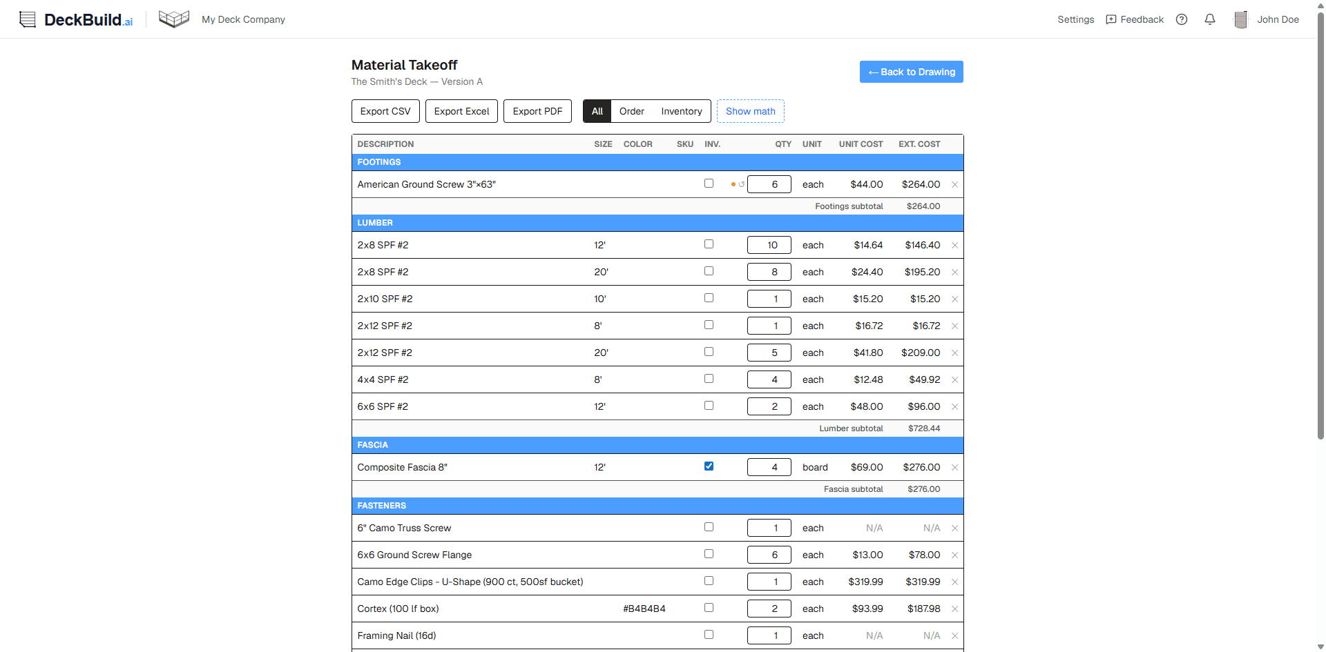 Itemized deck material takeoff listing boards, joists, beams, and fasteners