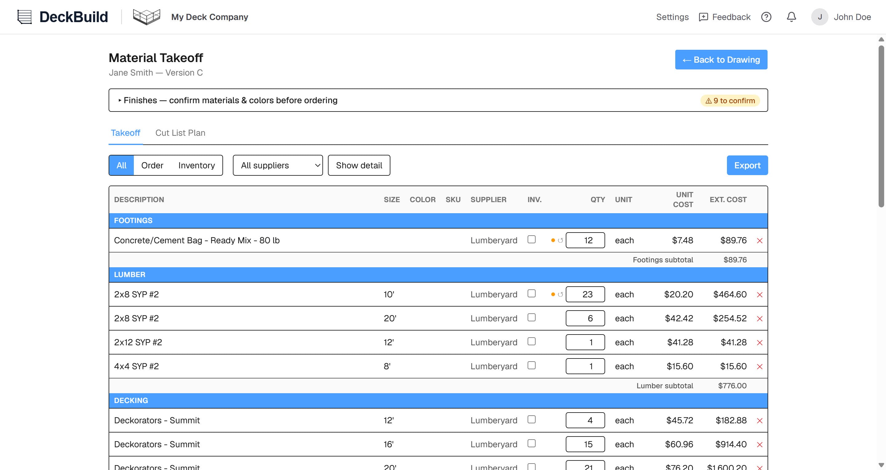 An itemized deck takeoff listing boards, joists, beams, connectors, and fasteners with prices