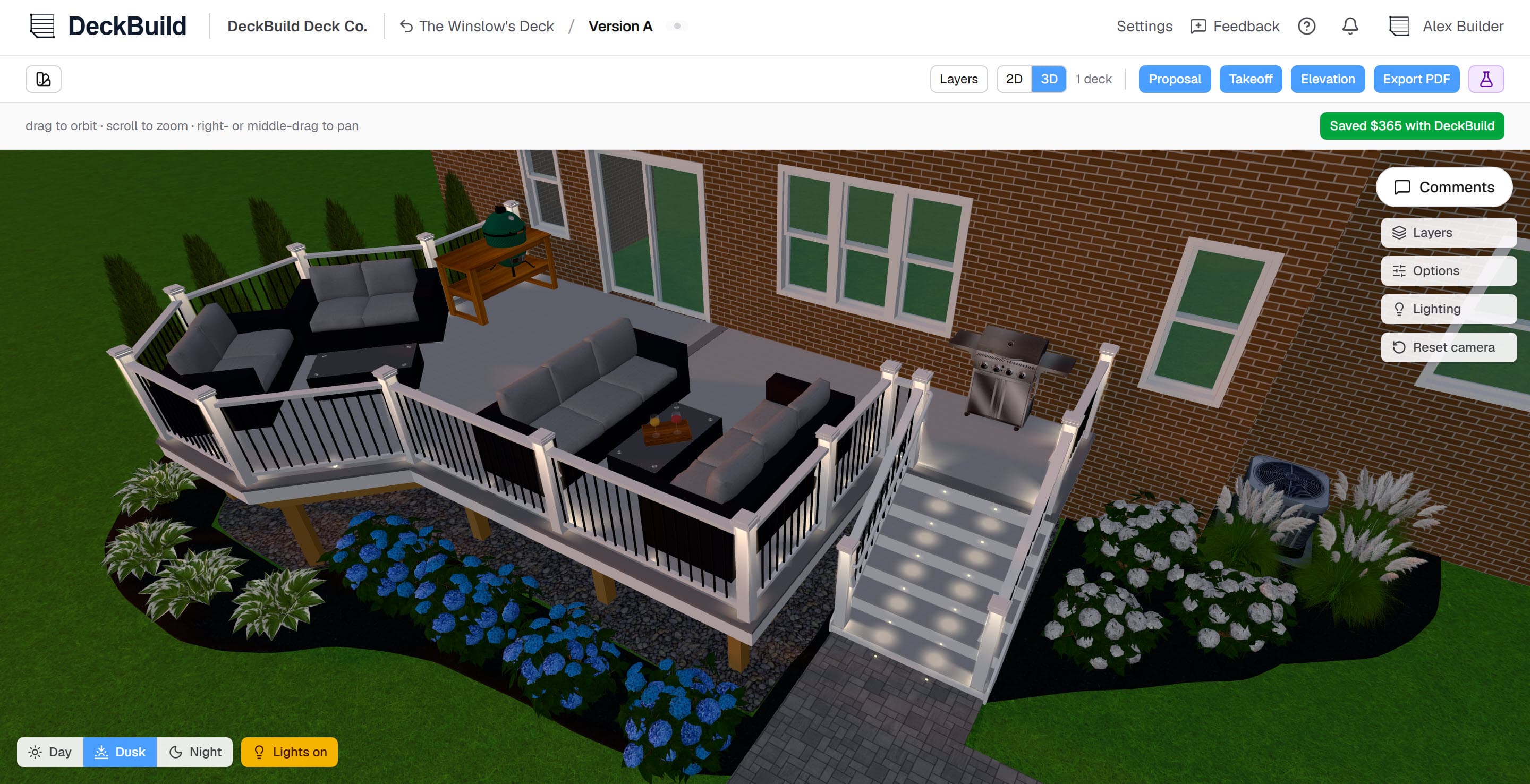 A photorealistic 3D deck with decking, railings, stairs, the house, and landscaping at golden hour