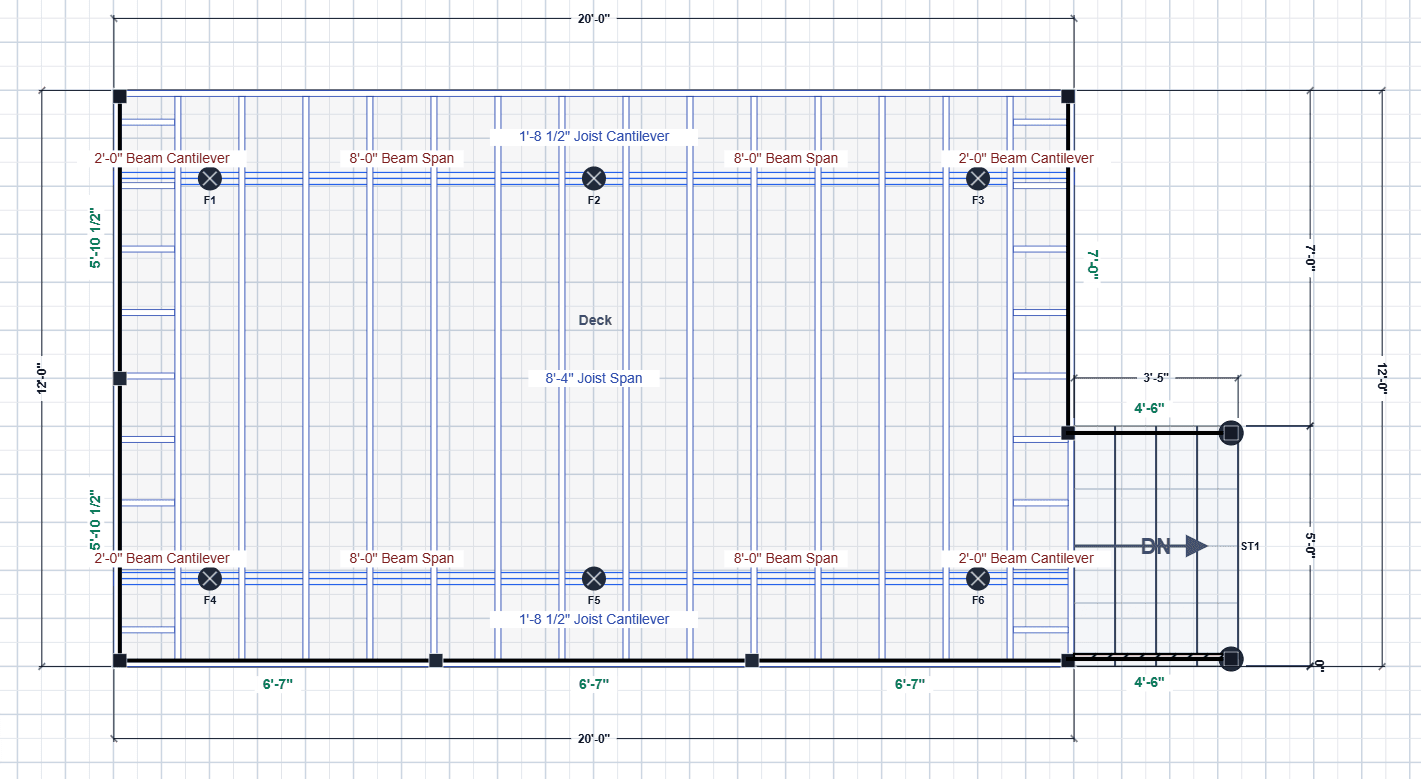 DeckBuild automatically sizing joists, beams, and footings to code